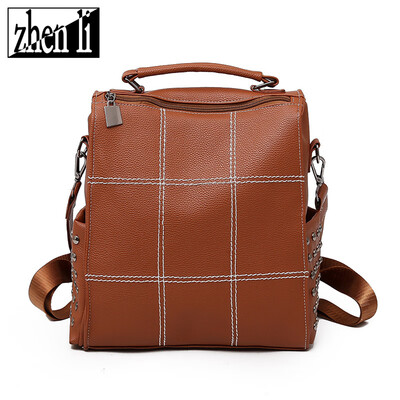 

College wind new mesh embroidery line womens backpack PU leather solid color trend girls travel backpack for