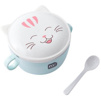 

Cartoon Instant Noodle Bowl Stainless Steel Large Bowl Household Tableware With Lid Spoon Anti-scalding Large Soup Bowl