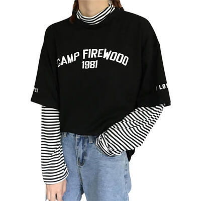 

Women Casual Striped Patchwork Fake Two Piece T-shirt Loose Long Sleeve Top