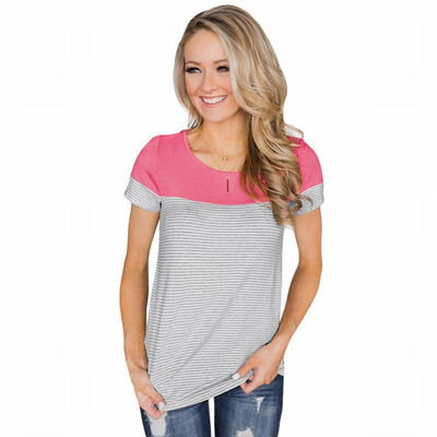 

Striped Contrast Base Shirt womens Round Neck Short Sleeve Tunic