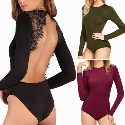 

Women&39s Long Sleeve Backless Stretch Lace Up Bodysuit Blouse Leotard Top T-shirt
