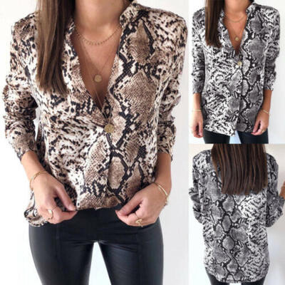 

Womens Snake Print Long Sleeve Blouses Tops Shirt Button Down Vintage Blouse USA