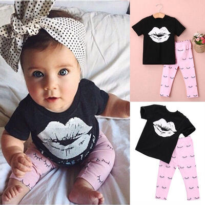 

Summer Newborn Infant Kids Baby Girls Lips Printed T-shirt Long Pants Outfits Clothes Set
