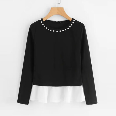 

Toponeto Fashion Women O-Neck Patchwork Long Sleeve Pearl Beading Tops Blouse