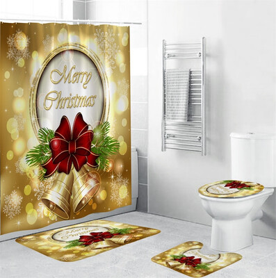 

〖Follure〗4Pcs Christmas shower Curtain Bathroom Anti-slip Carpet Rug Toilet Cover Mat Set