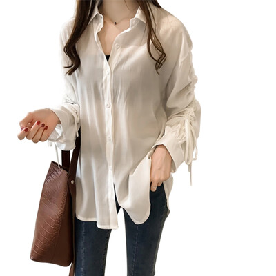 

Women Casual All-match Concise Shirt Drawstring Long Sleeve Loose Button-down Blouse