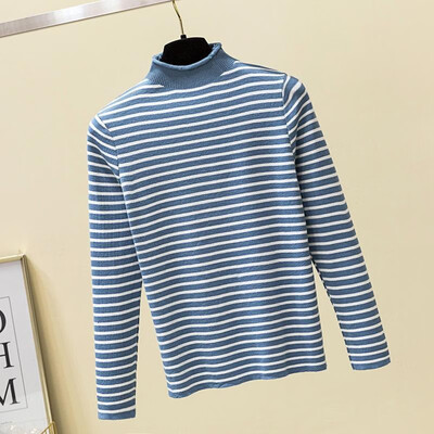 

Women Sweater Highly Stretch Stripes Ribbed High Neck Ruffle Long Sleeve Slim Autumn Winter Warm Vintage Tops