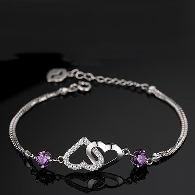 

Hot Women Copper Plated Silver Double Heart Purple White Crystal Chain Bracelet Gift