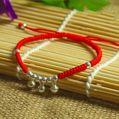 

925 Sterling Silver Small Bell Pendant Lucky Red Rope Bracelet Handmade Bangle Wax String Amulet Jewelry