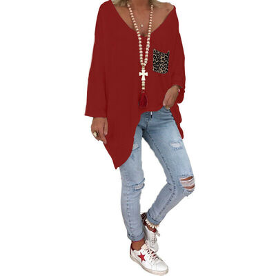 

Womens T-shirt Long-sleeved Loose Baggy Tees Tops Fall Pocket Plain T Shirt