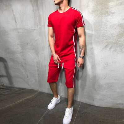 

Toponeto Mens Summer Leisure Stripe Color Collision Short Sleeve Shorts Sports Thin Sets