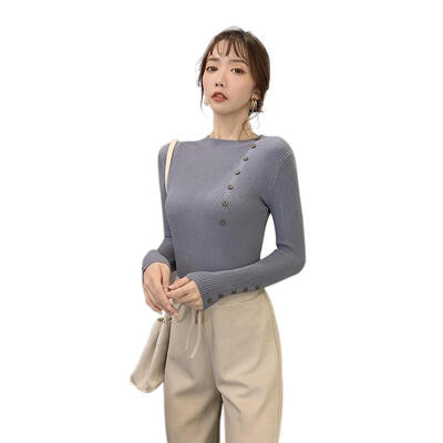 

Knitted Sweater Elastic Bottoming Jumper Women Long Sleeve Slim Button Tops