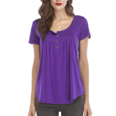 

Nomeni Women Solid Row Pleats Button Ruched O-Neck Short Sleeve Irregular T-Shirt Tops