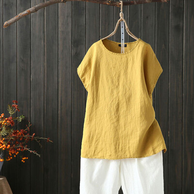 

Starmoon Womens Casual Loose Linen Plus Size Solid Short Sleeve Tanic Shirt Blouse Tops