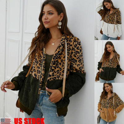 

Womens Leopard Teddy Bear Fleece Coat Ladies Jacket Sweater Hooded Overcoat
