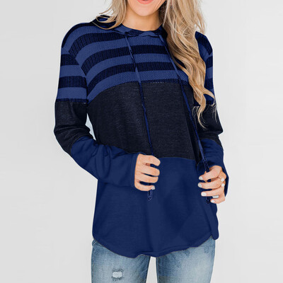 

Tailored Womens Long Sleeve Striped Color Block Drawstring Hoodie Top Blouse
