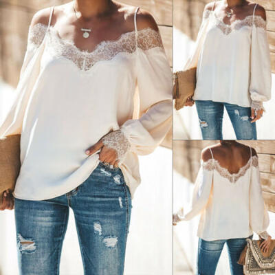 

Womens Fashion Lace Off Shoulder V-neck Solid Tops Backless T-Shirt Tank Blouse