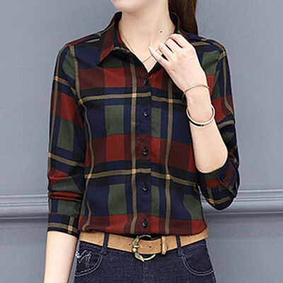 

Starmoon Fashion Women Business Shirt Lattice Printing Long Sleeveless Lapel Blouse