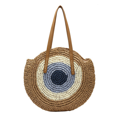 

2019 New Peacocks Eye Straw Women Shoulder Bag Circle Handmade Contrast Color Large Handbag Beach Bag Over Shoulder Tote Bag