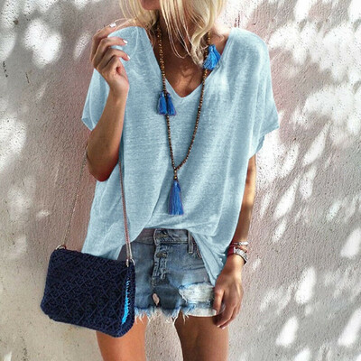 

Women Summer Plain Scoop Neck Short Sleeve Top T-shirt Linen Blouse Plus Size