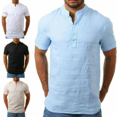 

Mens Summer Short Sleeve Casual Loose Linen T-shirt Dress Shirt Blouse Tops Tee
