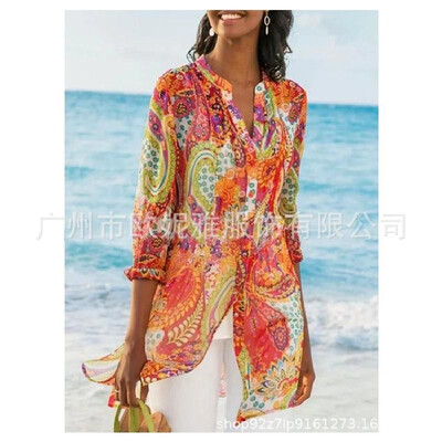 

2019 speed sells Amazon explosion models Europe&America large size womens digital printing lapel shirt blue XXXXL