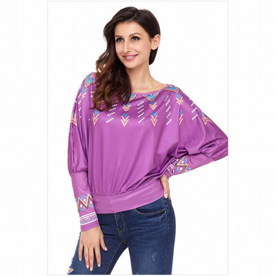 

One-neck bat long-sleeved floral print casual smock