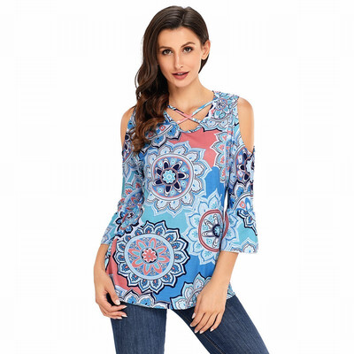 

Cold Shoulder Cross Long Sleeve Bohemian Print Shirt Top