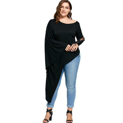 

Plus Size Lace Up Batwing Sleeve Asymmetric T-shirt