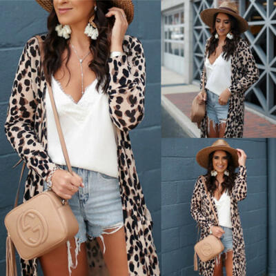 

US Fashion Womens Leopard Jacket Sweater Top Warm Casual Suit Blazer Long Coat