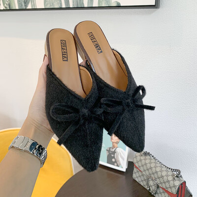 

Tip-toed half-slippers for women wearing fashionable Muller shoes with medium-thick leopard-print slackers in autumn&winter
