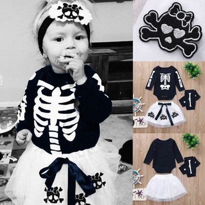 

Toddler Baby Girls Romper Appliques Skull Skirt Leggings Halloween Outfits Set