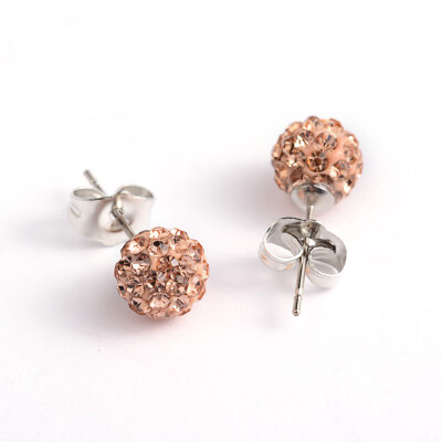 

Polymer Clay Rhinestone Ball Stud Earrings with Steel Pins Light Peach 8mm Pin 08mm