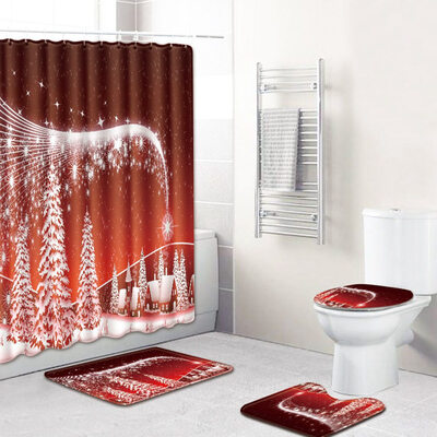 

4PcsSet Bathroom Merry Christmas Bell Christmas Style Decor-Non-Slip Pedestal Rug Lid Toilet Cover Bath Mat