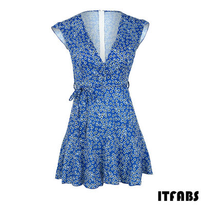 

Summer Women Short Sleeve Loose V-neck Mini Dress Ladies Summer Ruffle Shirt Dress Holiday Beach Tops