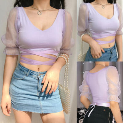 

Summer Womens Casual Tops Blouse Short Mesh Puff Sleeve V-neck T-Shirt Tops