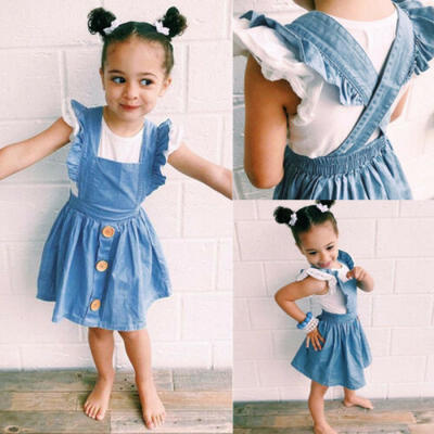 

Toddler Kids Baby Girls Summer Dress Princess Party Tutu Button Dresses Sundress