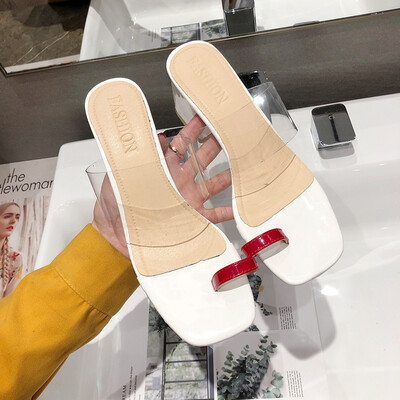 

Slippers Woman Cute ins Summer Korean Edition Square Head Thick-heeled Toe High-heeled Shoes Transparent One-character Sandwich