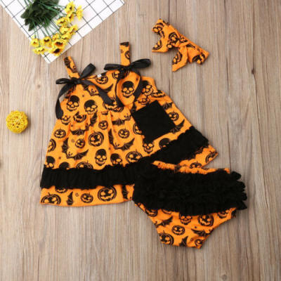 

Halloween Newborn Baby Girls Sleeveless Tops Vest Pumpkin Bat Prints Outfits Set