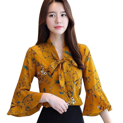 

Women V Neck Bow Chiffon Blouses Tops Ladies Floral Print Blouse Femme Flare Long Sleeve Elegant Women OL Style Blouse Plus Size