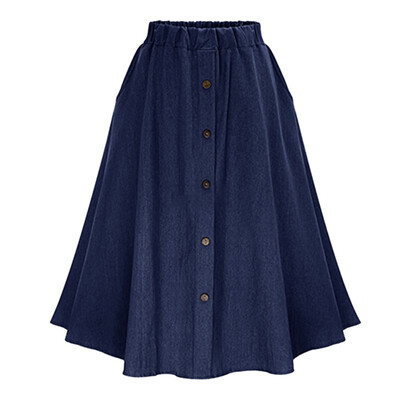 

Womens A-Line High Waist Button Pleated Midi Skirt With Elastic Waist Knee Length