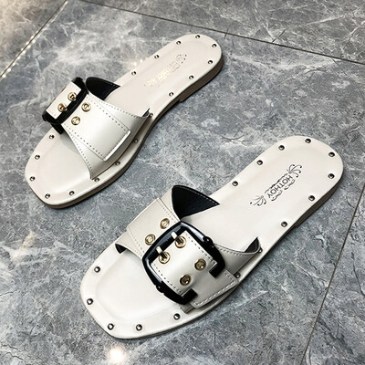 

Slippers women wear spring Korean version of 100 fashion belt buckle a word flat bottom slippers