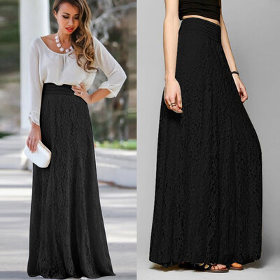 

Roseonmyhand Women Lace Double Layer Pleated Long Maxi Skirt Elastic Waist Skirt