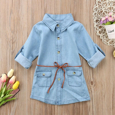 

Baby Kids Girl Denim Short Mini Dress Jean Long Sleeve Casual Party Shirt Dress