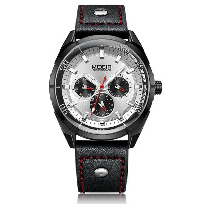

MEGIR Chronograph Sport Watch Men Clock Quartz Leather Strap Luminous Wristwatch