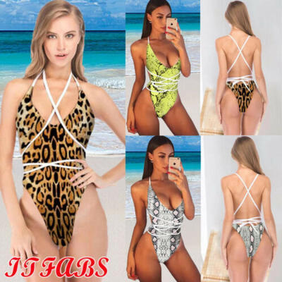 

US Womens Snake Print One-Piece Swimwear Bikini Thong Swimsuit Leopard Monokini