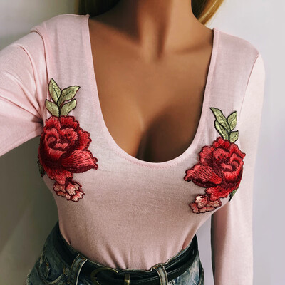 

Womens Rose Embroidery Loose T-Shirt Long Sleeve Crop Top Tee Blouse Shirt 2019