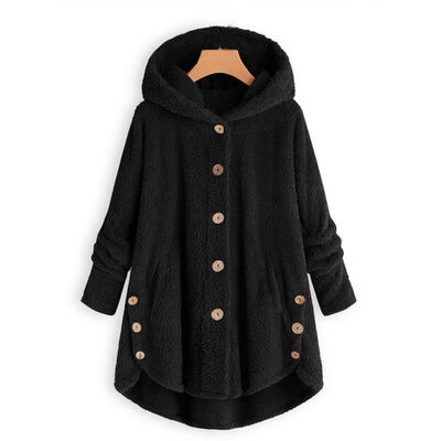 

Womens Wool Blend Fashion Button Coat Fluffy Turn-down Collar Outwear Jacket Casual Tops Hooded Pullover Loose Sweater