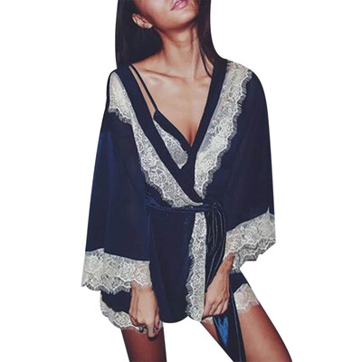 

Toponeto 3PC Women Sexy Silk Kimono Babydoll Lace Lingerie Bathrobe Nightwear Bodysuit