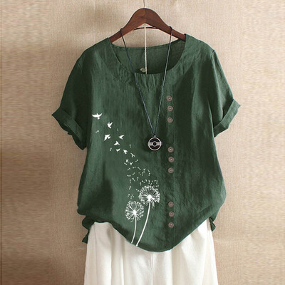 

Roseonmyhand Plus Size Women Short Sleeve Cotton Linen O-Neck Print Blouse Top T-Shirt